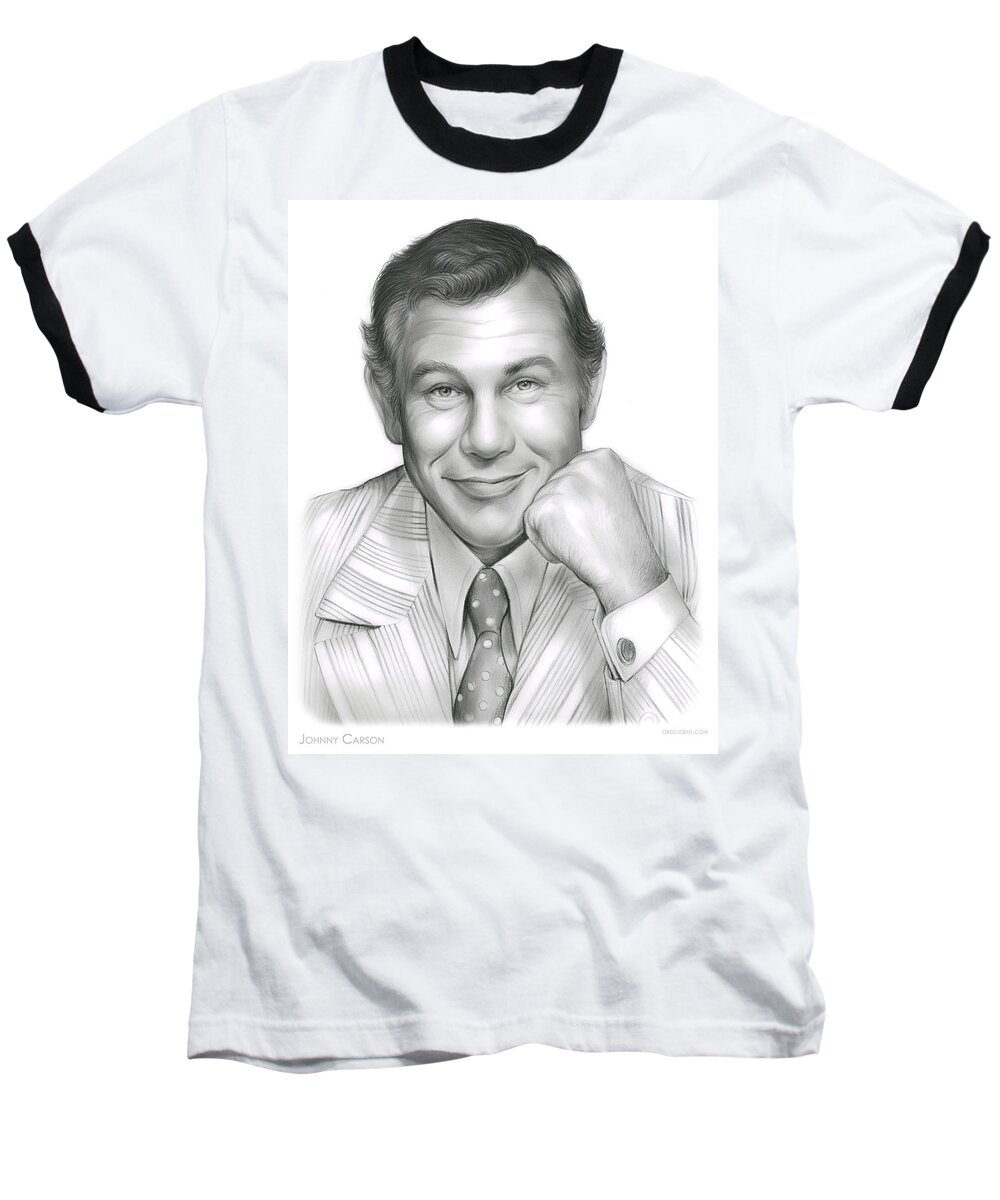 Johnny Carson Baseball T-Shirt featuring the drawing Johnny Carson by Greg Joens