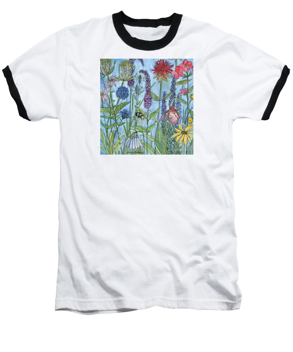 Laurie Rohner Baseball T-Shirt featuring the painting Lady Slipper in my Garden by Laurie Rohner