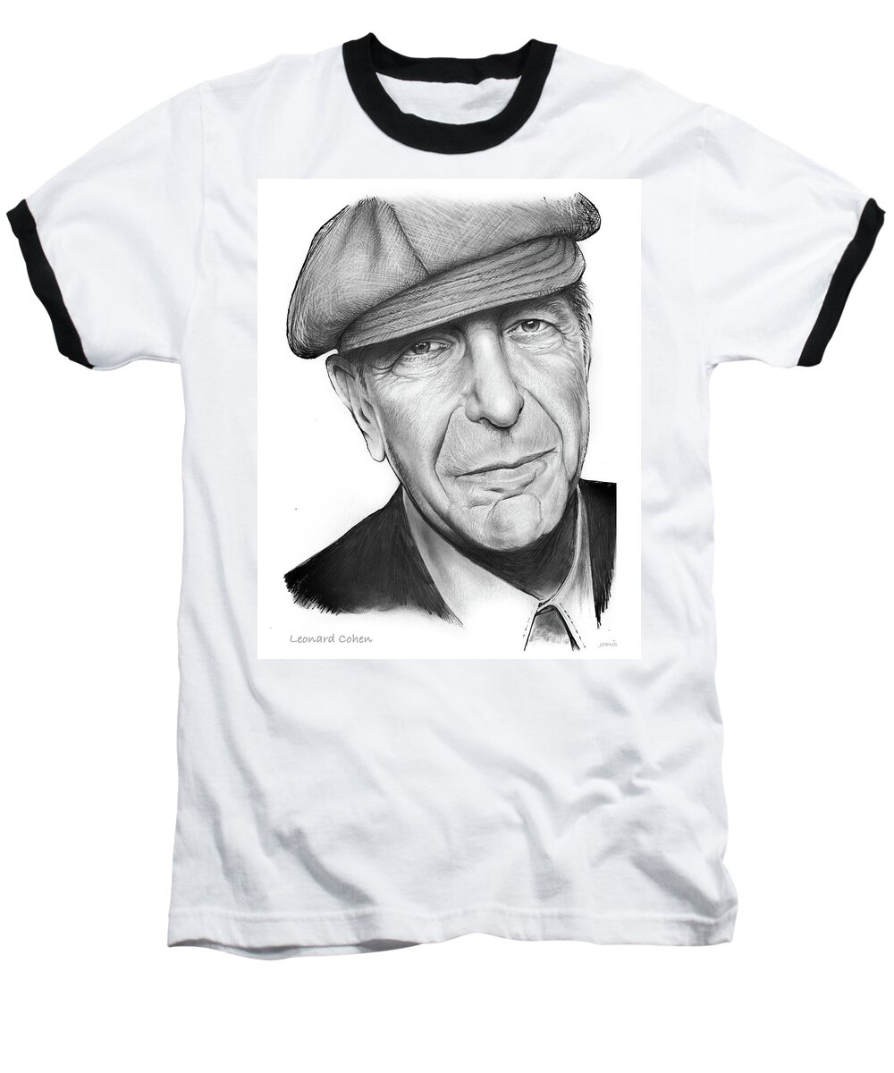 Leonard Cohen Baseball T-Shirt featuring the drawing Leonard Cohen by Greg Joens