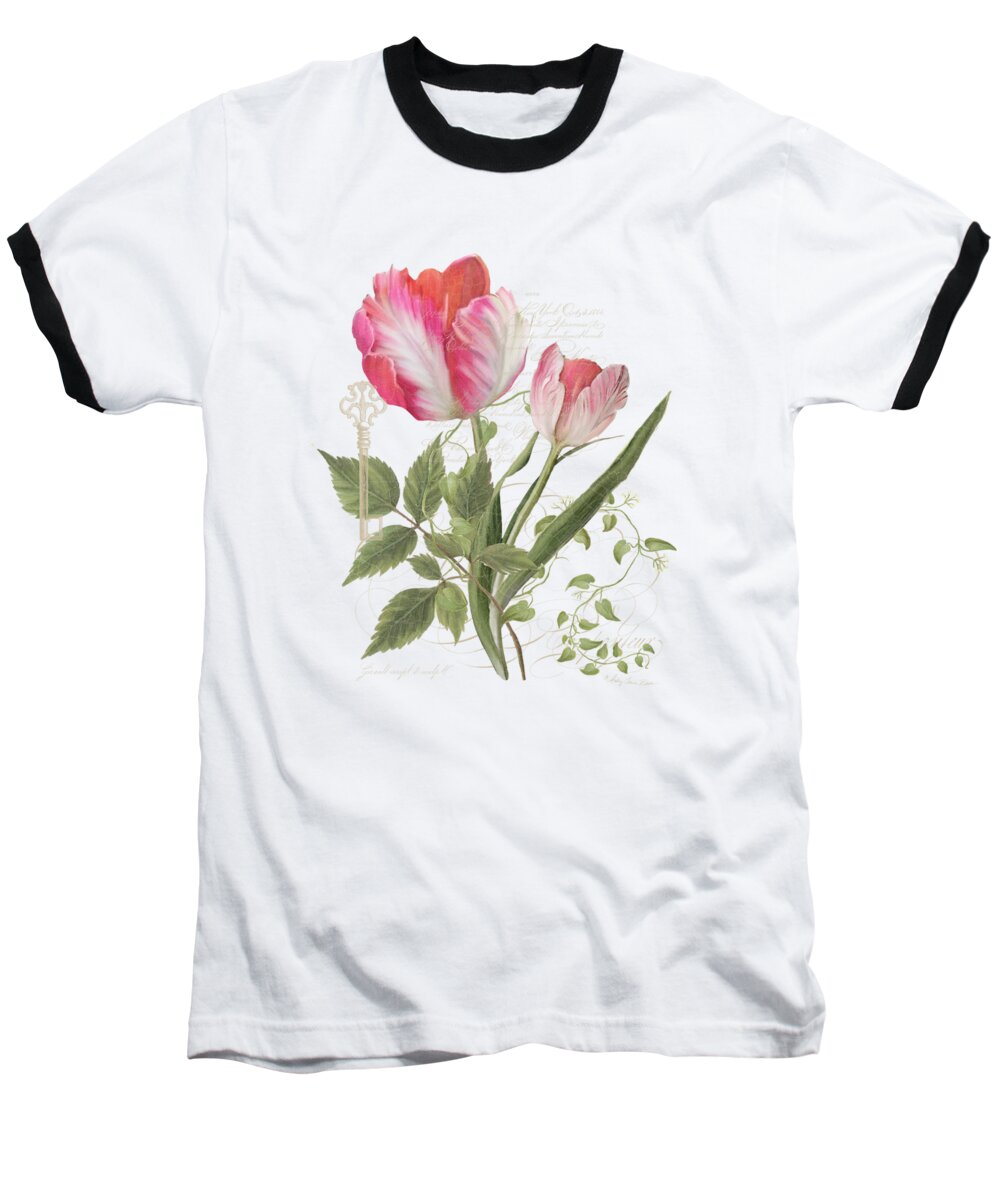 Parrot Tulip Baseball T-Shirt featuring the painting Les Magnifiques Fleurs I - Magnificent Garden Flowers Parrot Tulips n Indigo Bunting Songbird by Audrey Jeanne Roberts