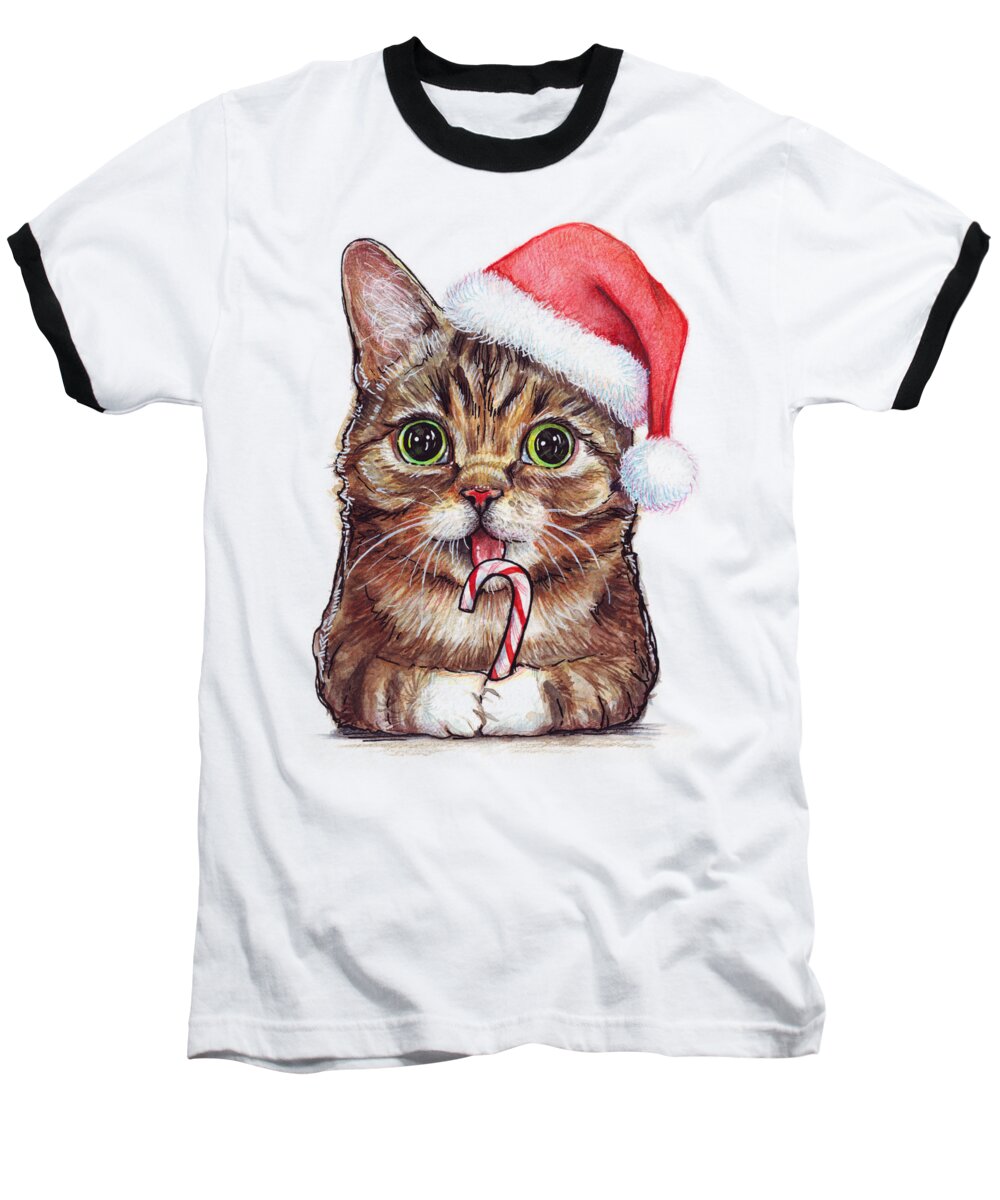 Lil Bub Baseball T-Shirt featuring the painting Cat Santa Christmas Animal by Olga Shvartsur