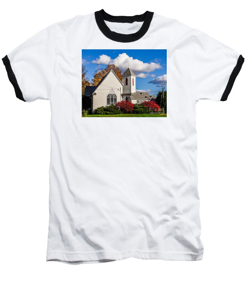 Little White Church Baseball T-Shirt featuring the photograph Little White Church by Grace Grogan