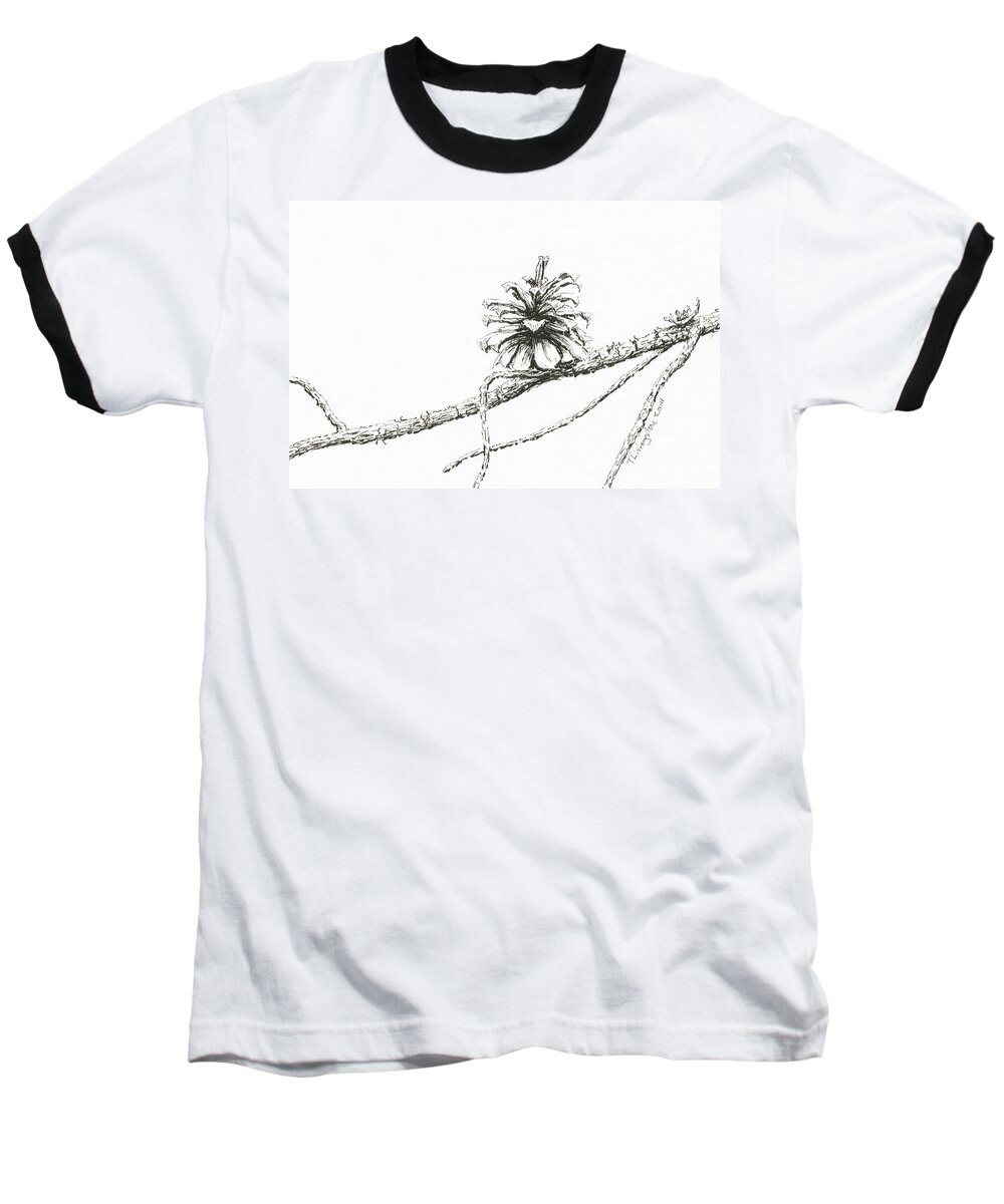Lodgepole Pine Baseball T-Shirt featuring the drawing Lodgepole Pine Cone by Timothy Livingston