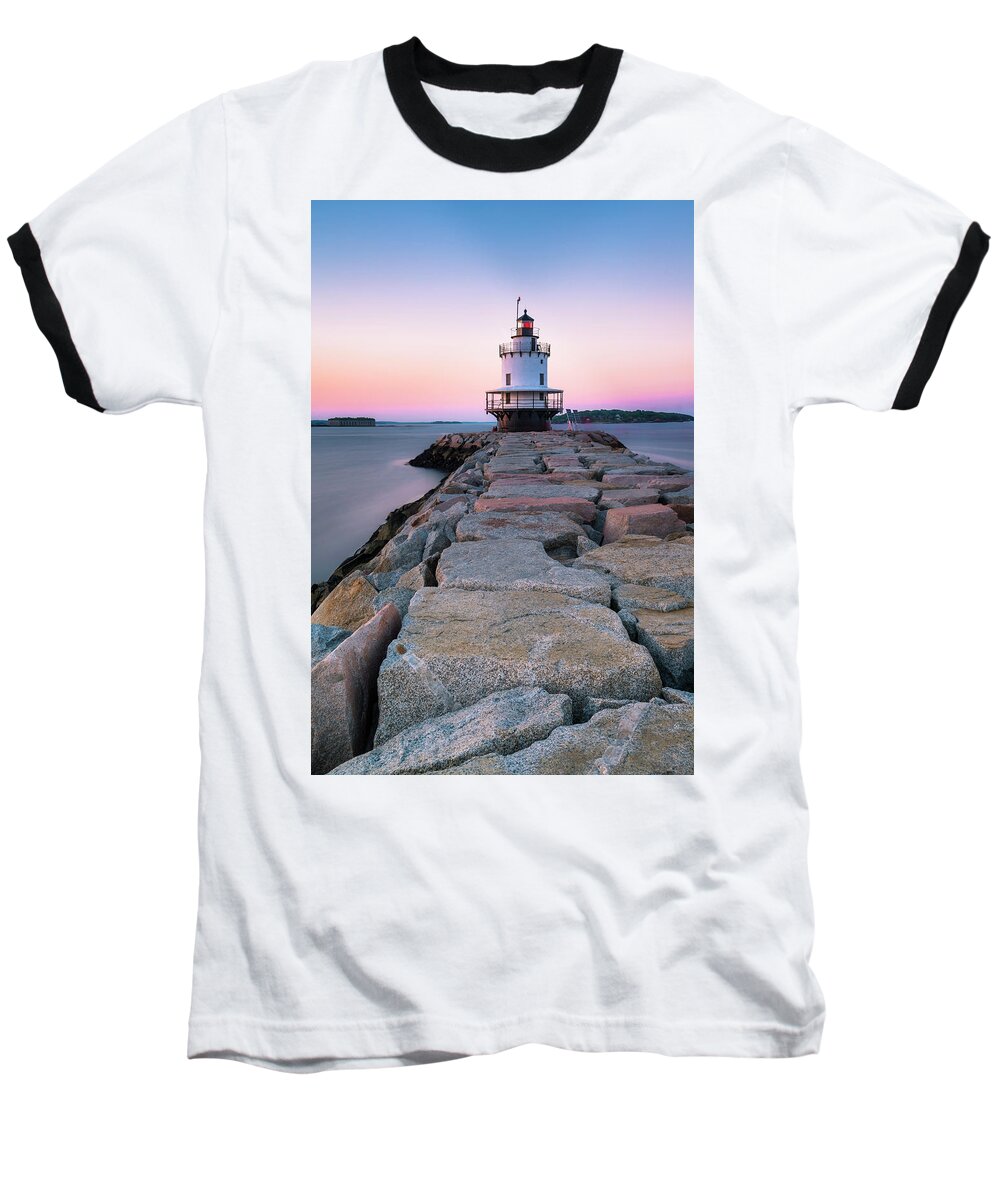 Maine Baseball T-Shirt featuring the photograph Maine Coastal Sunset over the Spring Breakwater Lighthouse by Ranjay Mitra