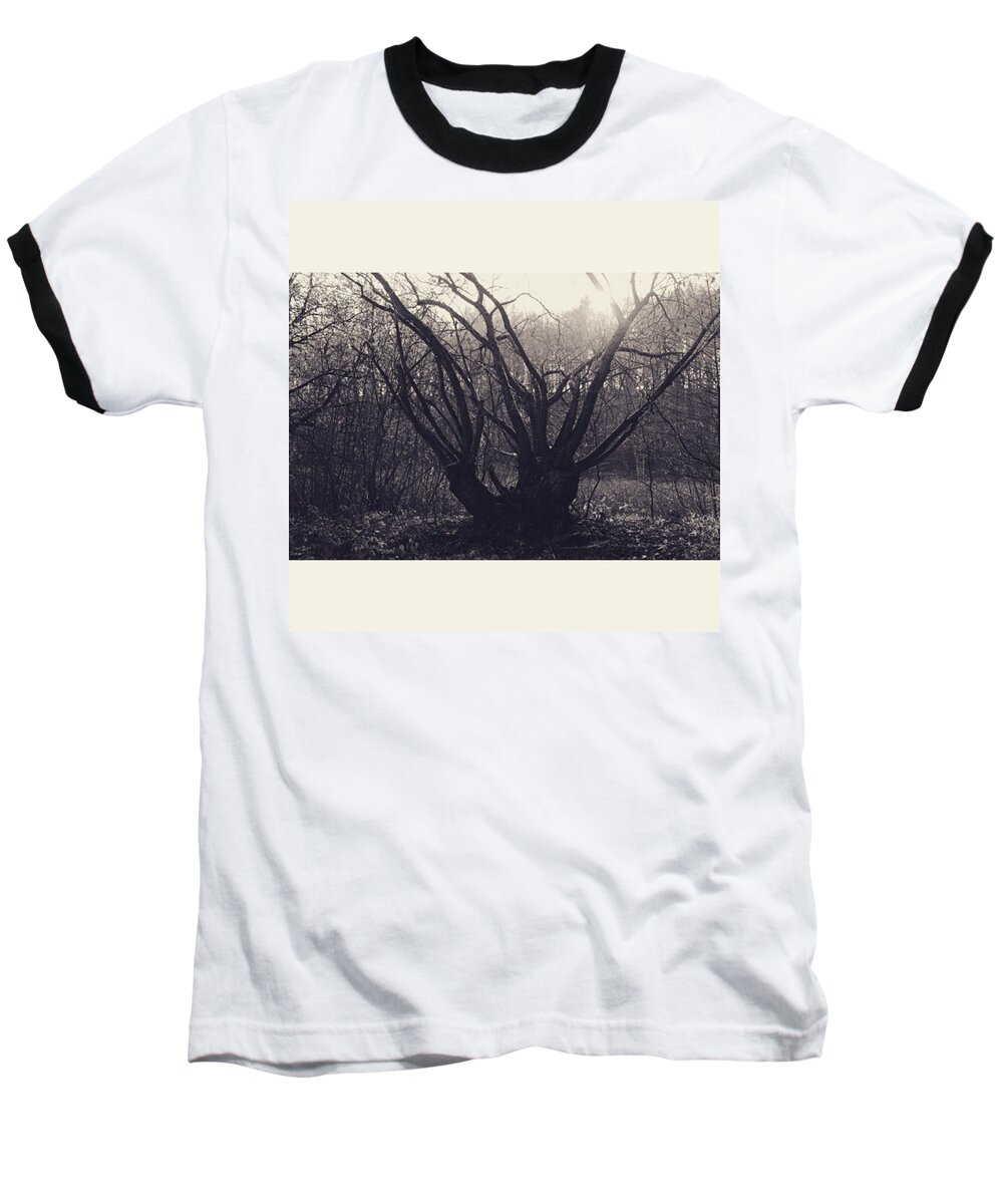 Monochrome Baseball T-Shirt featuring the photograph #monochrome #canon #tree #blackandwhite by Mandy Tabatt