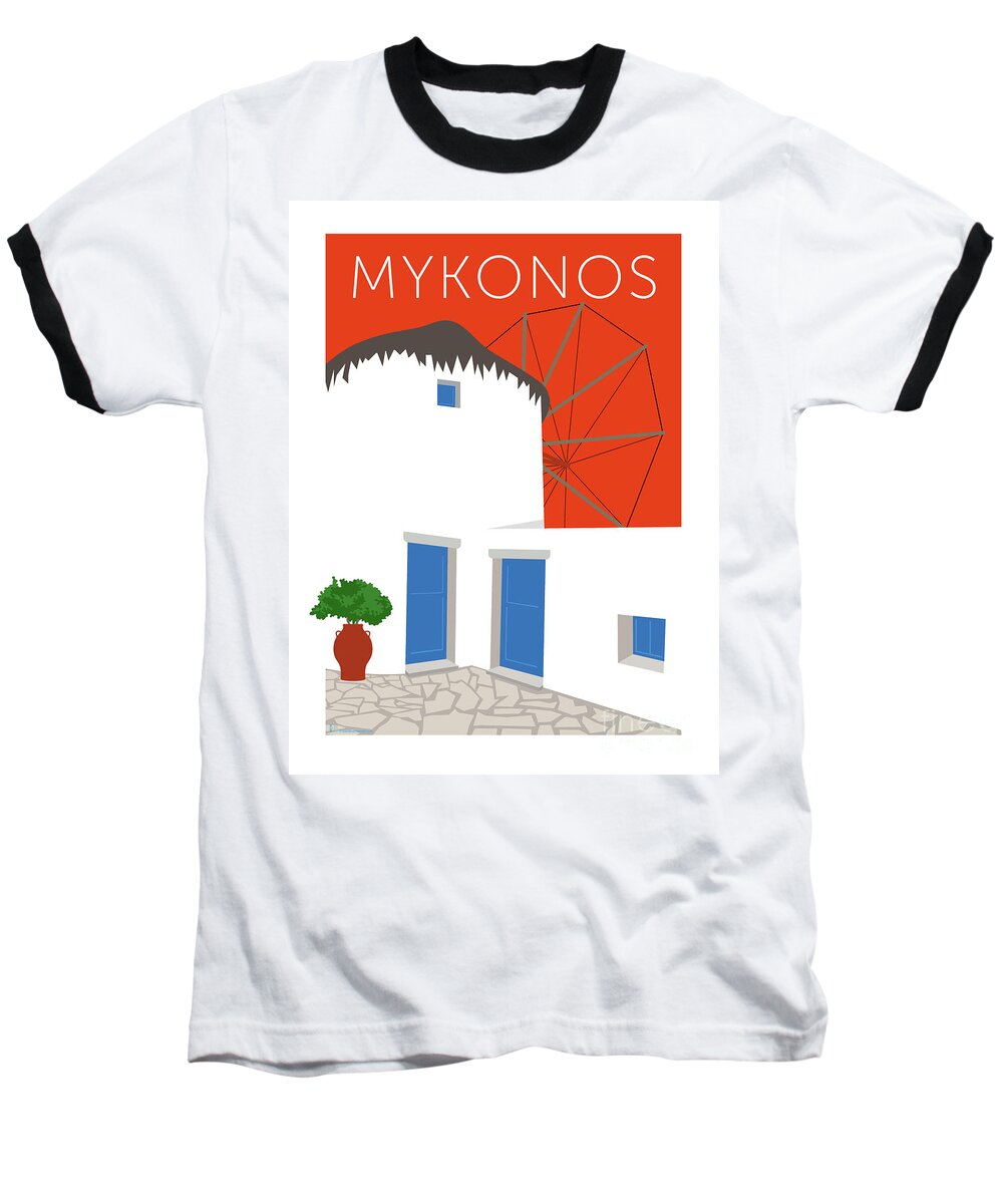 Mykonos Baseball T-Shirt featuring the digital art MYKONOS Windmill - Orange by Sam Brennan