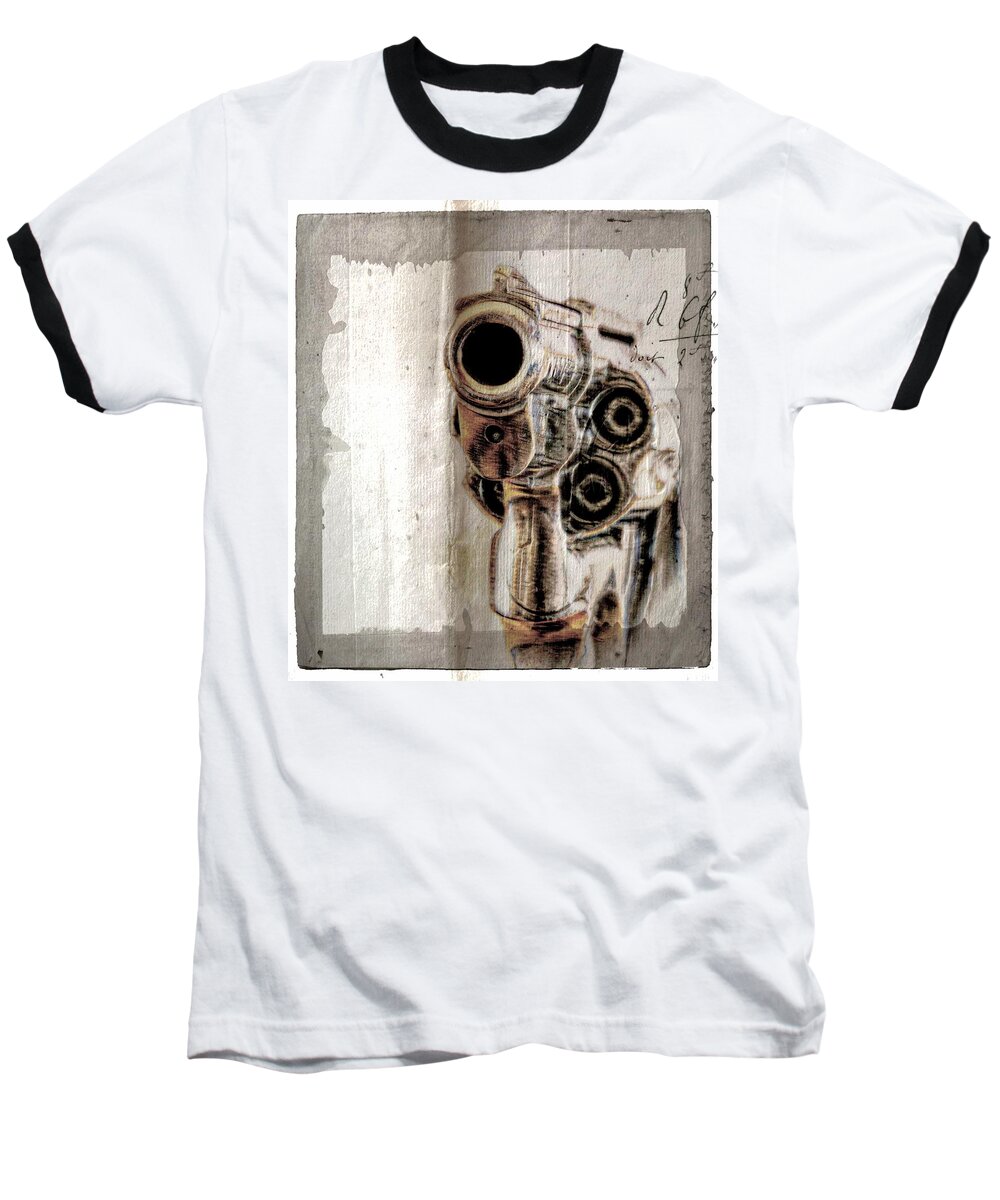 Revolver Baseball T-Shirt featuring the photograph No Guns Allowed by Jean Francois Gil