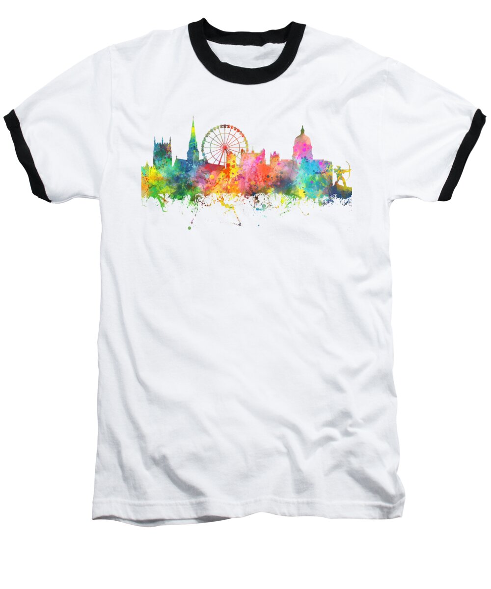 Nottingham England Skyline Baseball T-Shirt featuring the digital art Nottingham England Skyline by Marlene Watson