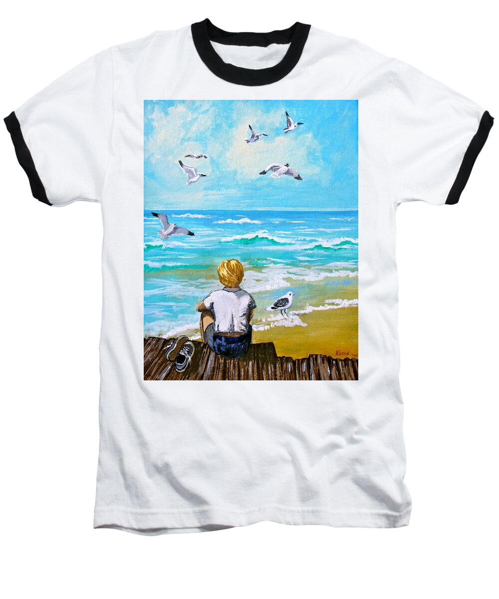 Art Baseball T-Shirt featuring the painting On the Boardwalk by Karon Melillo DeVega