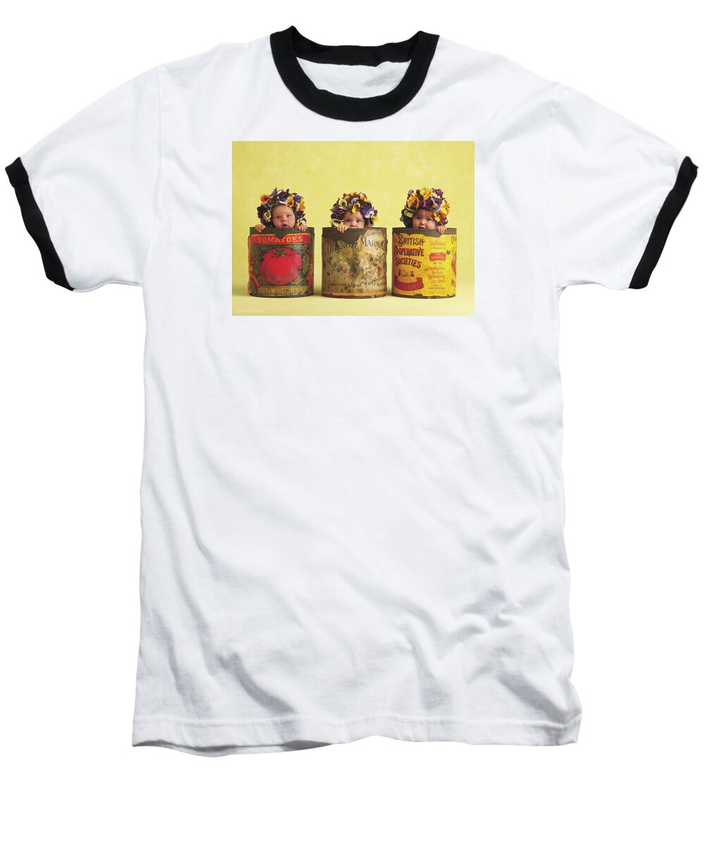 Pansy Baseball T-Shirt featuring the photograph Pansy Tins by Anne Geddes