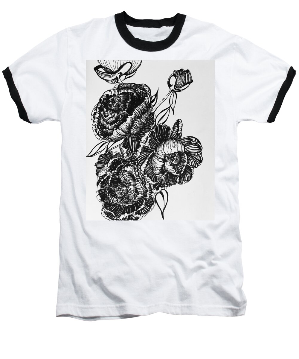  Pan Baseball T-Shirt featuring the drawing Peonies Line Drawing by Mastiff Studios
