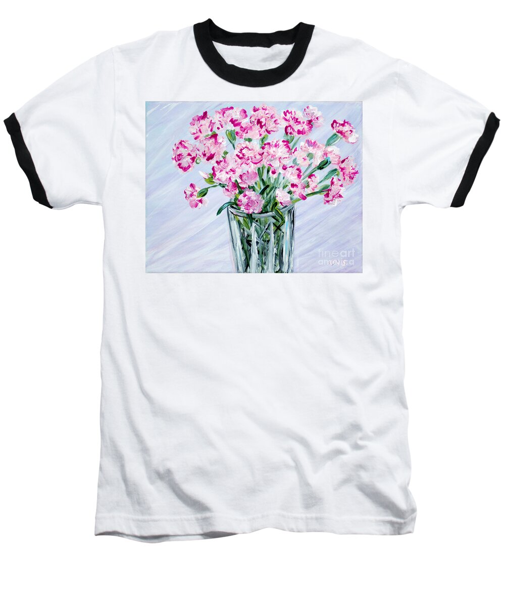 Best Buy Art Baseball T-Shirt featuring the painting Pink Carnations in a Vase. For sale by Oksana Semenchenko