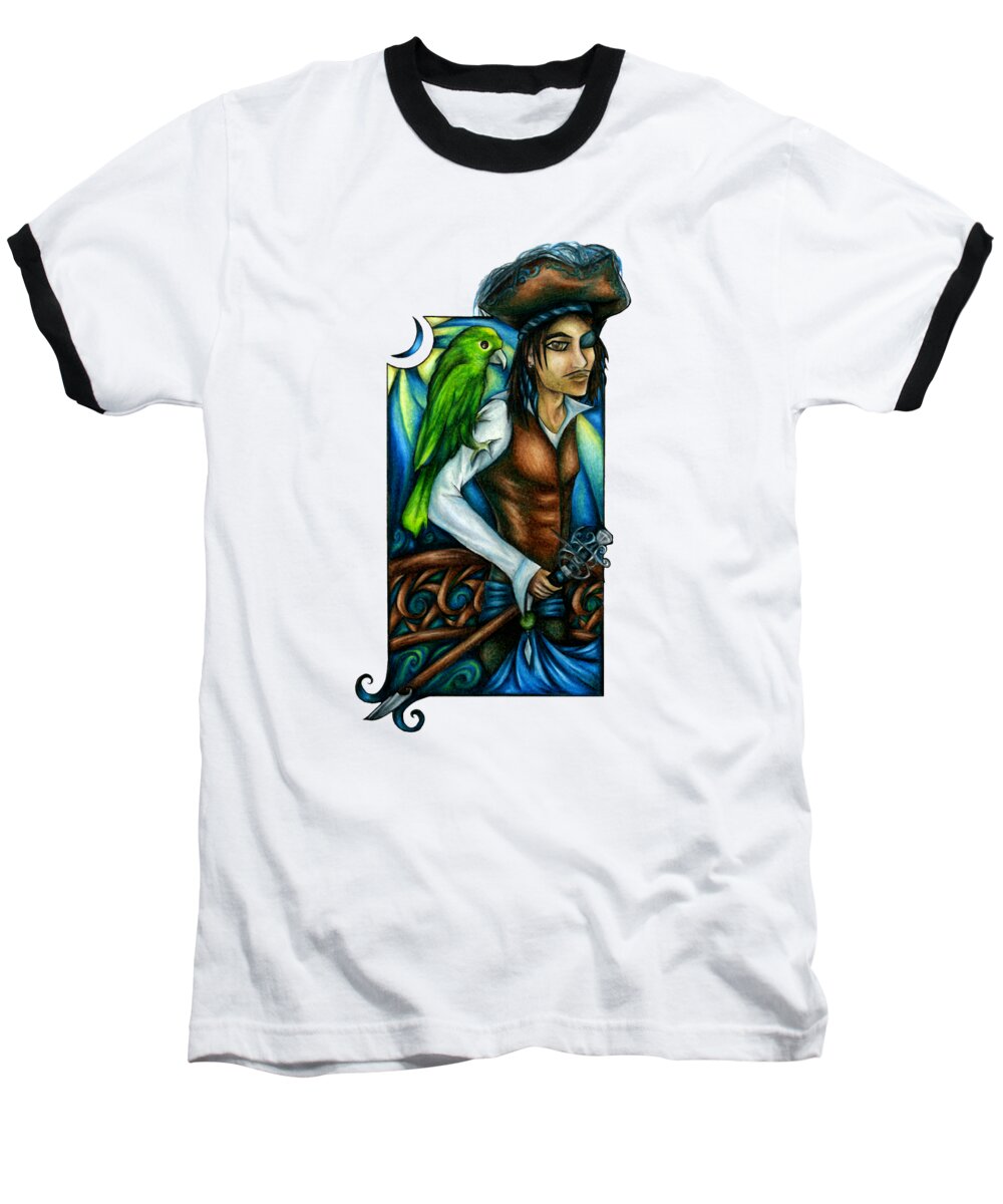 Pirate Art Baseball T-Shirt featuring the drawing Pirate With Parrot Art by Kristin Aquariann