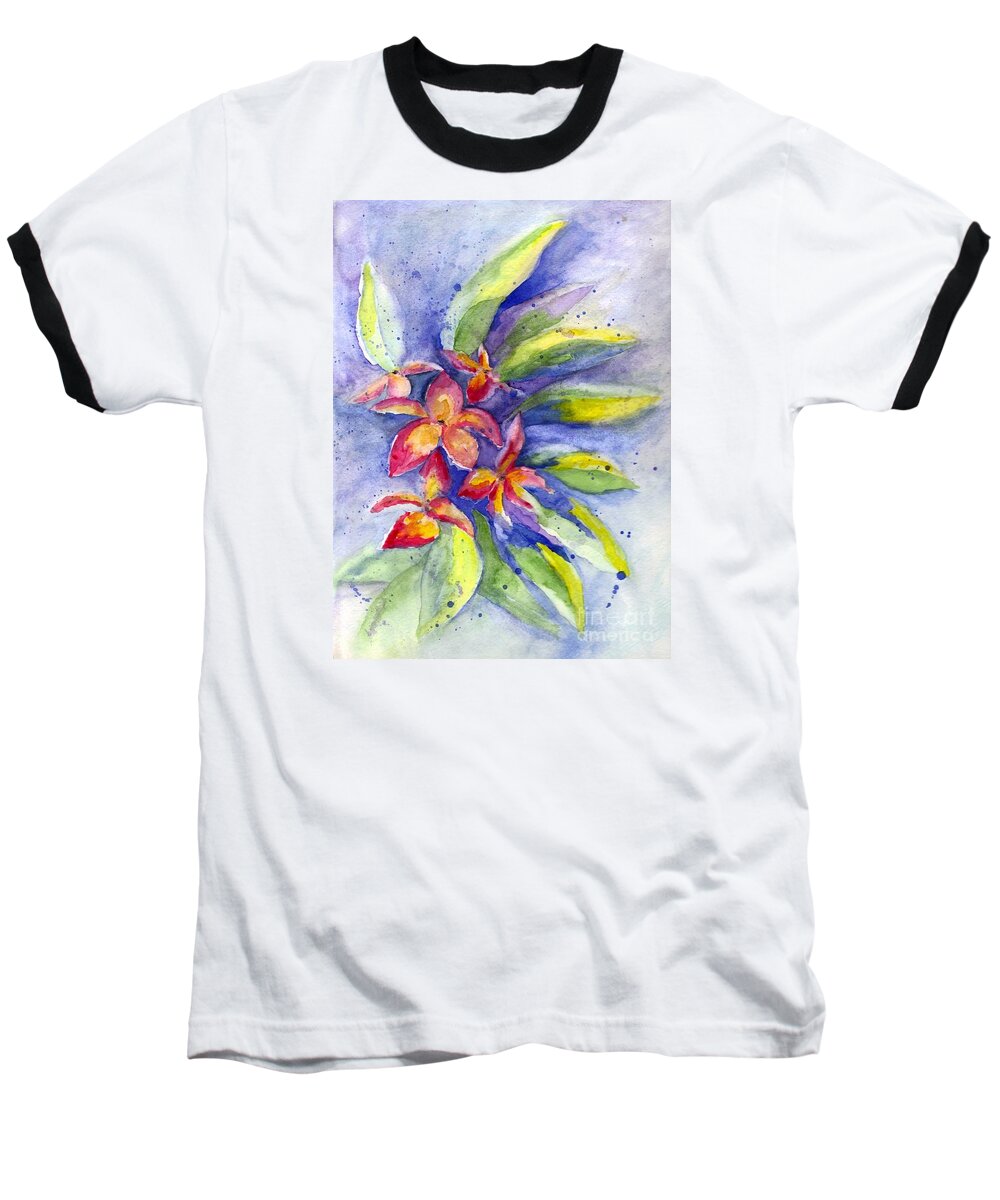 Floral Baseball T-Shirt featuring the painting Plumeria by Carol Wisniewski