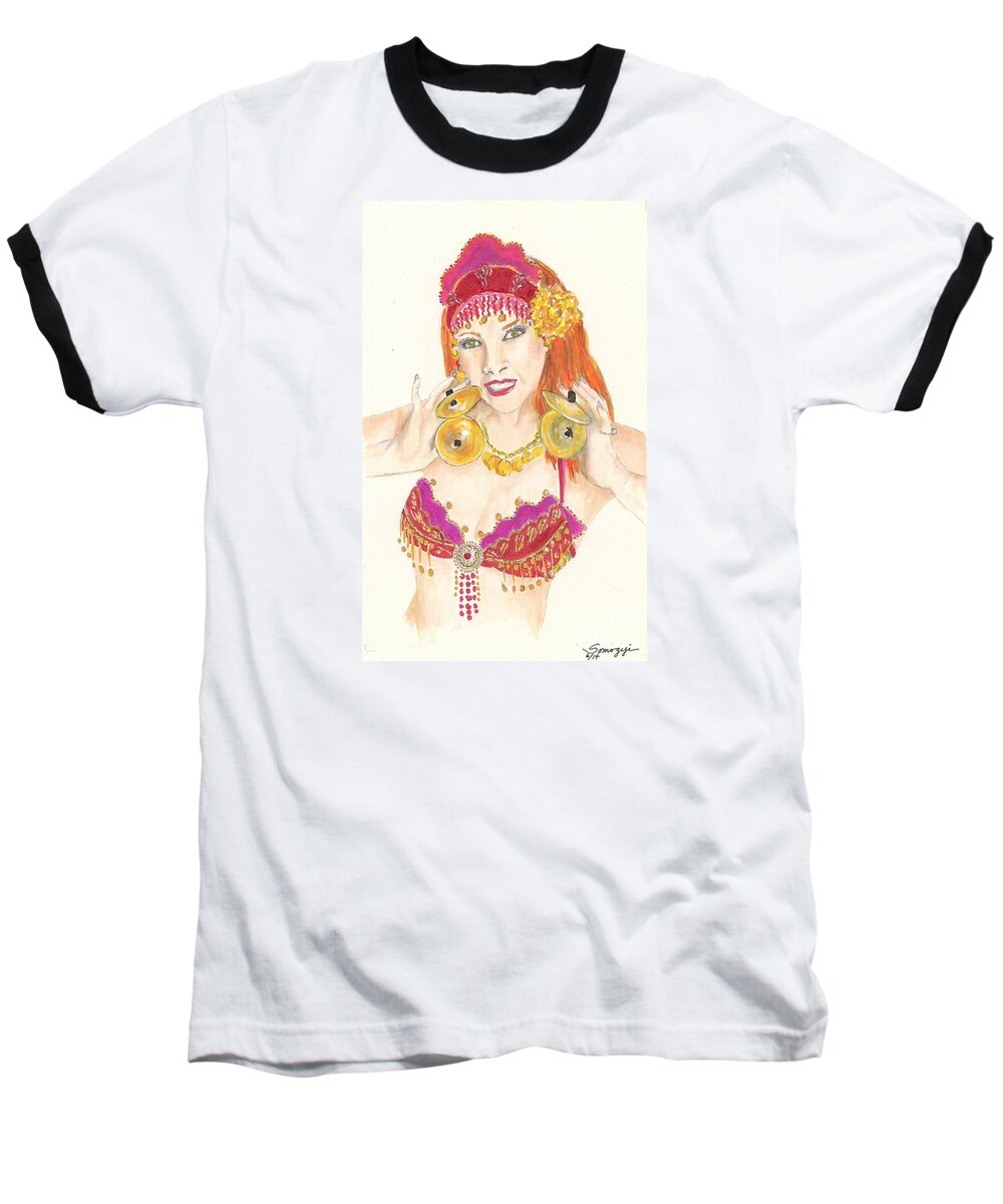 Self-portrait Baseball T-Shirt featuring the drawing Portrait of the Artist Playing Zills -- Belly Dancer Self-Portrait by Jayne Somogy