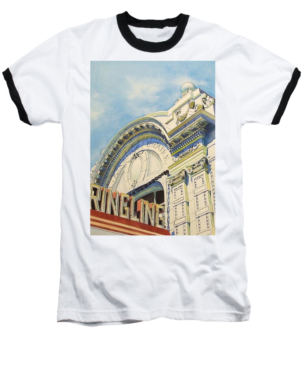 Theatre Baseball T-Shirt featuring the painting Prettiest Playhouse in America by Greg and Linda Halom