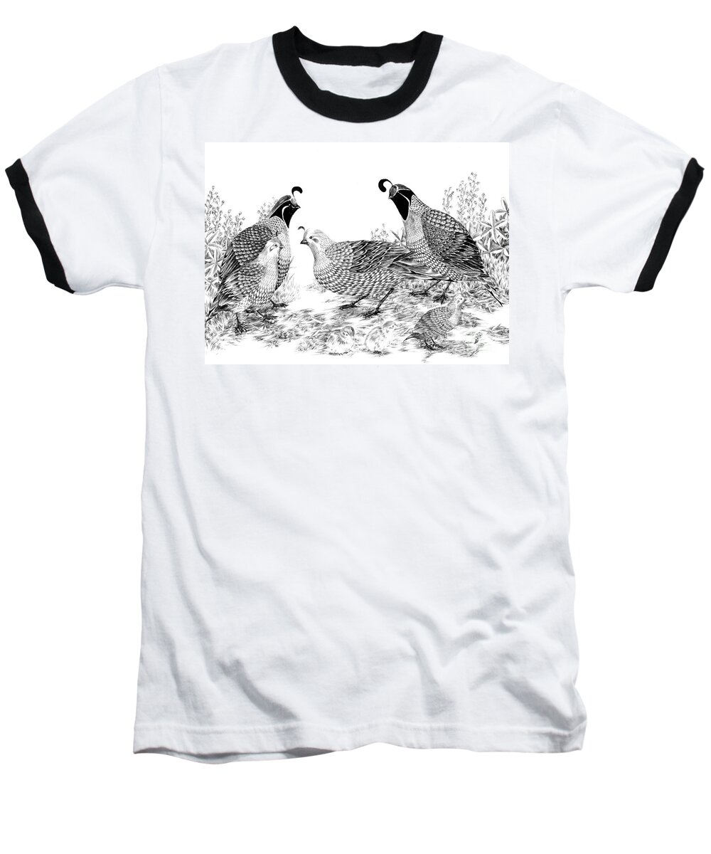 Quail Baseball T-Shirt featuring the drawing Quail Family Reunion by Alice Chen