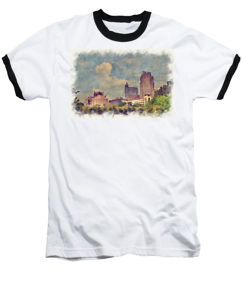 Top Baseball T-Shirt featuring the digital art Raleigh Skyline by Paulette B Wright