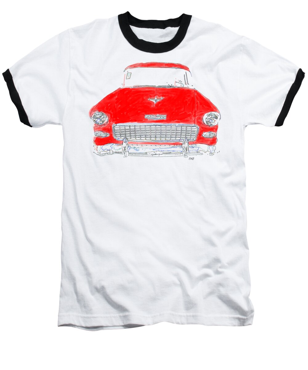 Tee Baseball T-Shirt featuring the drawing Red Chevy T-Shirt by Edward Fielding