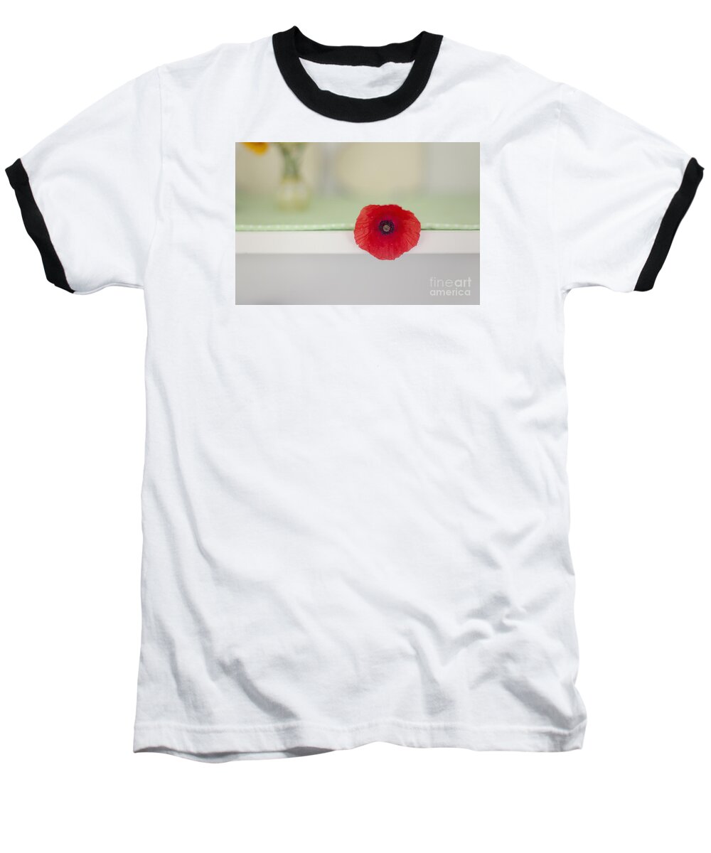 Poppy Baseball T-Shirt featuring the photograph Red Poppy on Windowsill by Susan Gary