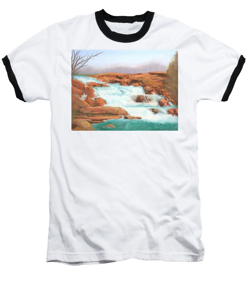Red Baseball T-Shirt featuring the pastel Red Rock Falls by Marna Edwards Flavell
