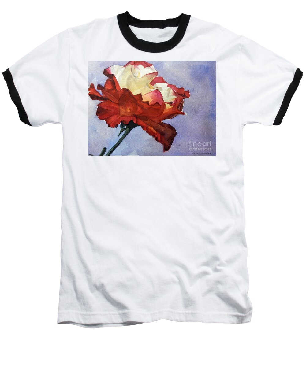 Watercolor Baseball T-Shirt featuring the painting Watercolor of a Red and White Rose on Blue Field by Greta Corens
