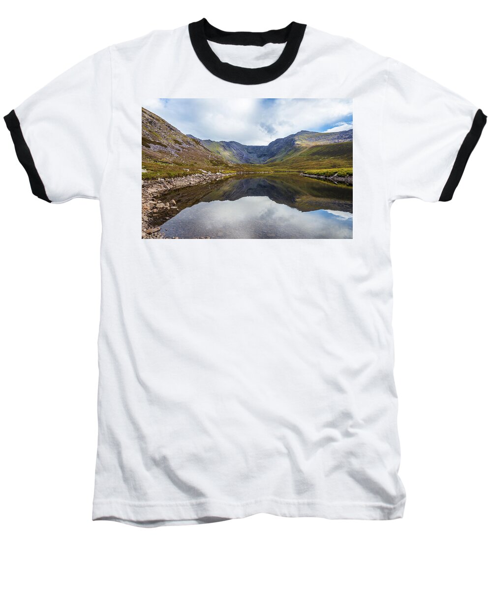 Black Baseball T-Shirt featuring the photograph Reflection of Macgillycuddy's Reeks and Carrauntoohil in Lough E by Semmick Photo