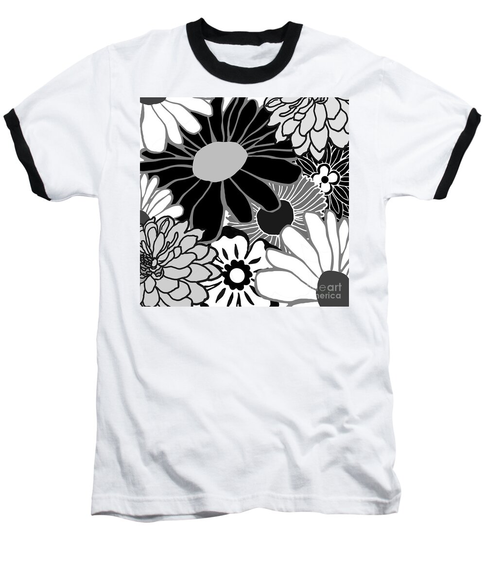 Retro Black And White Flowers Baseball T-Shirt featuring the painting Retro Flowers by Mindy Sommers