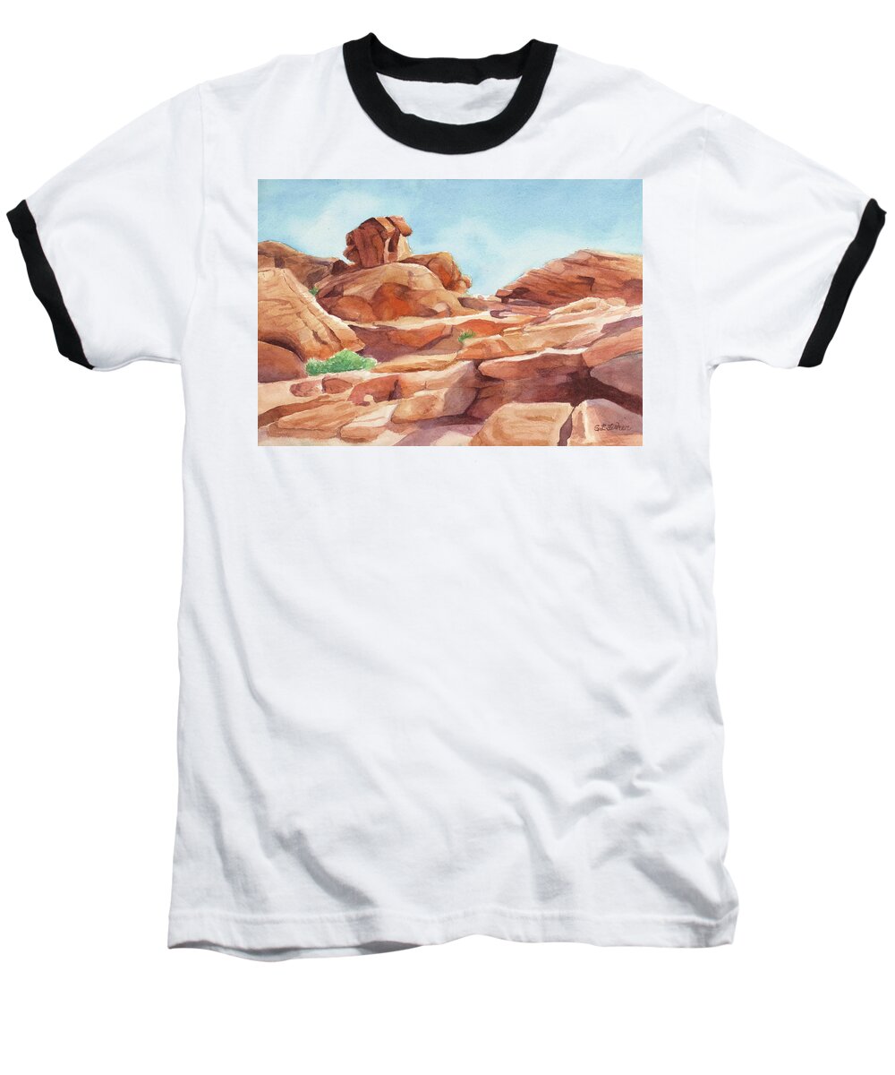 Red Rocks Baseball T-Shirt featuring the painting Rock Away by Sandy Fisher
