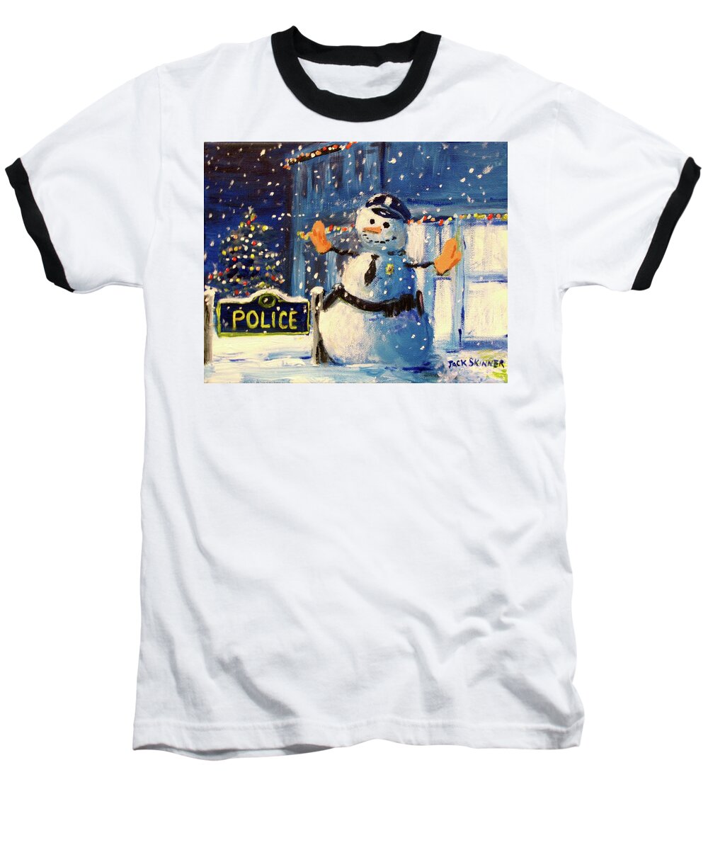 Police Officer Baseball T-Shirt featuring the painting Rookie Working Christmas Eve by Jack Skinner