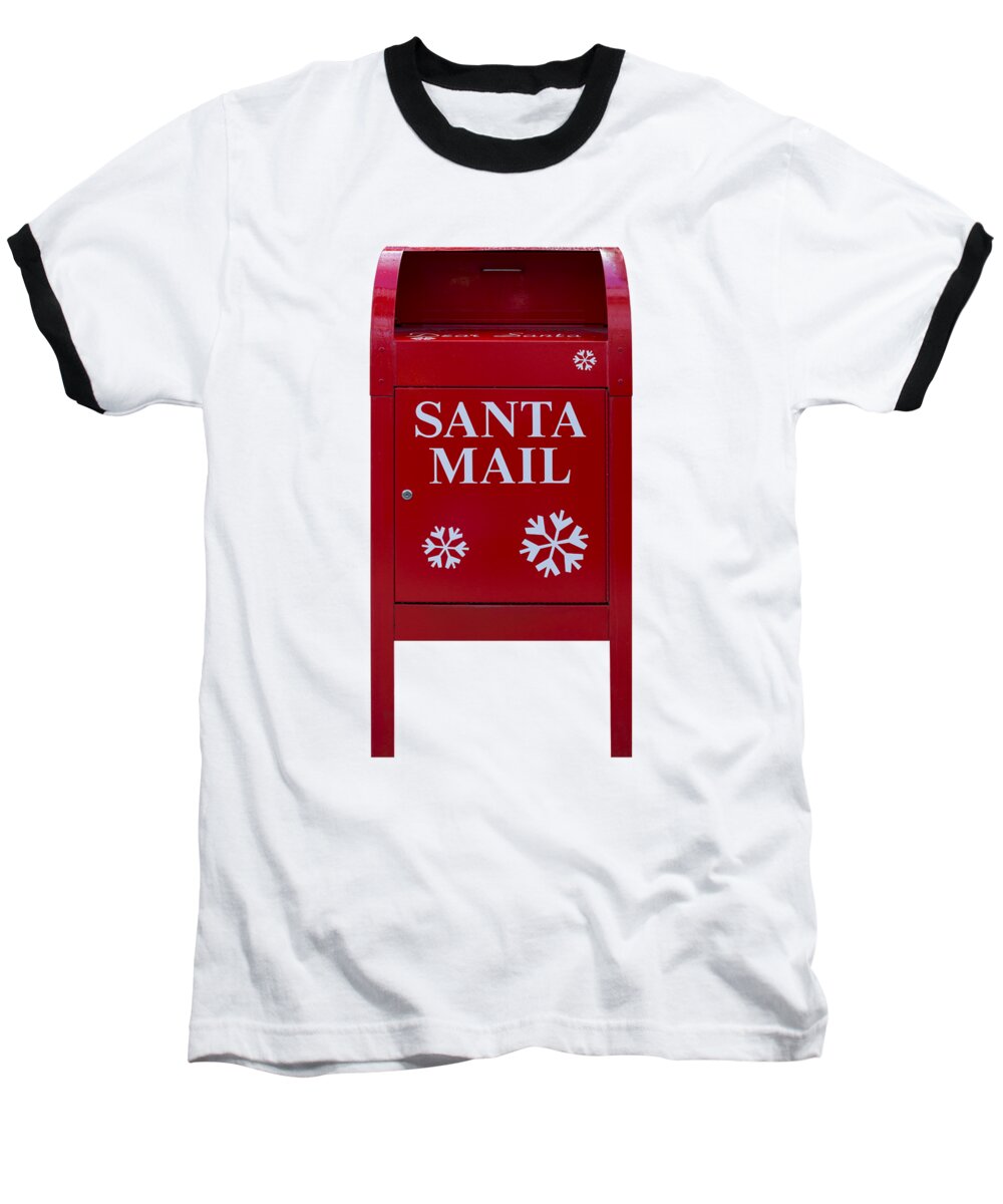 Mailbox; Mail; Letter; Box; Santa; Claus; Post; Office; Red; Snowflakes; Design; Pattern; Text; Isolated; White; Background; Christmas; Event; Festive; Celebration; Holiday; Christianity; Religion; Annual; Tradition; United States; Usa; North; America Baseball T-Shirt featuring the photograph Santa Red Mail Box by David Gn