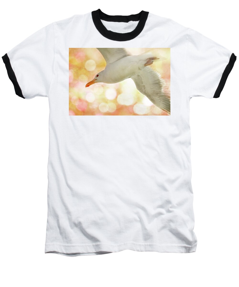 Seagull Baseball T-Shirt featuring the photograph Seagull on Pink and Yellow Sky by Peggy Collins