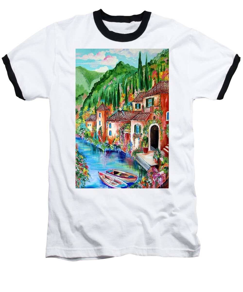Village Baseball T-Shirt featuring the painting Serenity by the lake by Roberto Gagliardi