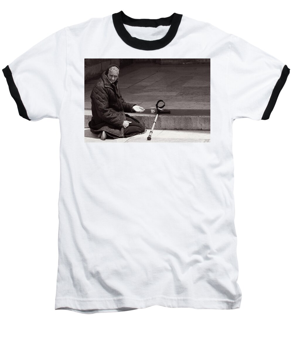 Lisbon Baseball T-Shirt featuring the photograph She Begs at the Cathedral by Lorraine Devon Wilke