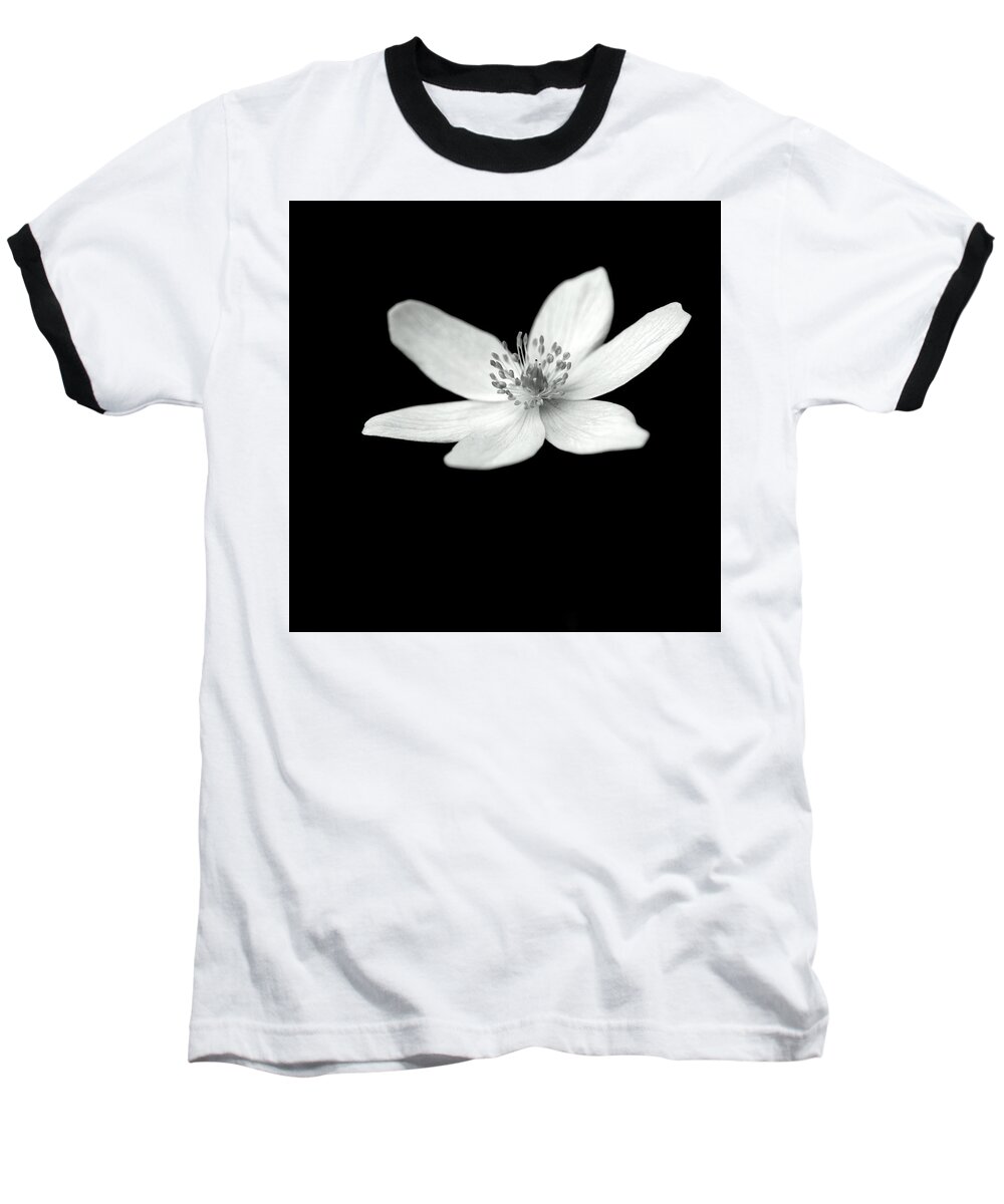 Monochrome Flower Petals Stamens On-black On-dark Baseball T-Shirt featuring the photograph Six petals in monochrome by Ian Sanders