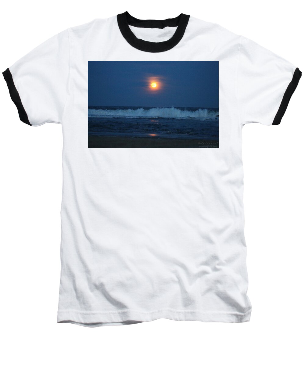 Snow Moon Baseball T-Shirt featuring the photograph Snow Moon Ocean Waves by Robert Banach