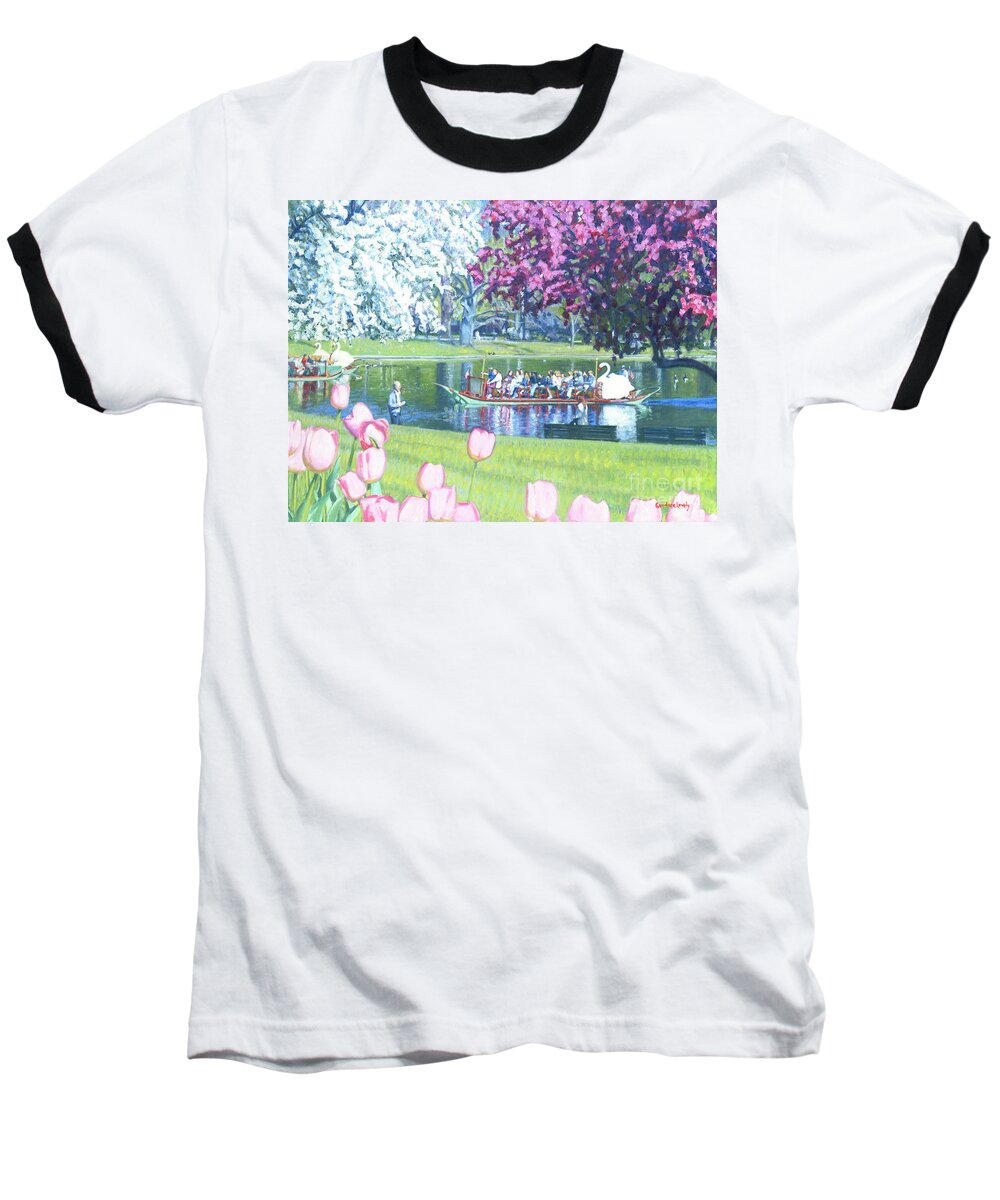 Swan Boat Baseball T-Shirt featuring the painting Springtime Swan Ride by Candace Lovely
