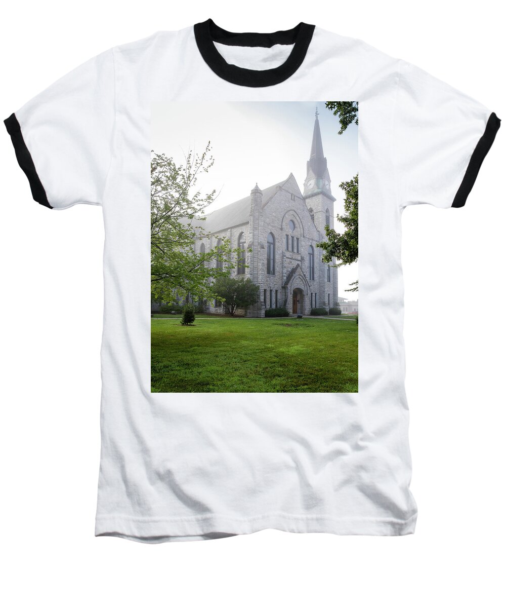 Drury Baseball T-Shirt featuring the photograph Stone Chapel in Fog by Allin Sorenson