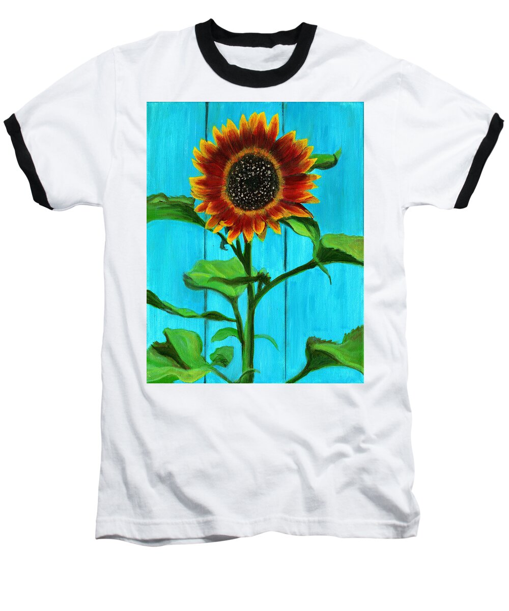 Sunflower Baseball T-Shirt featuring the painting Sunflower On Blue by Debbie Brown