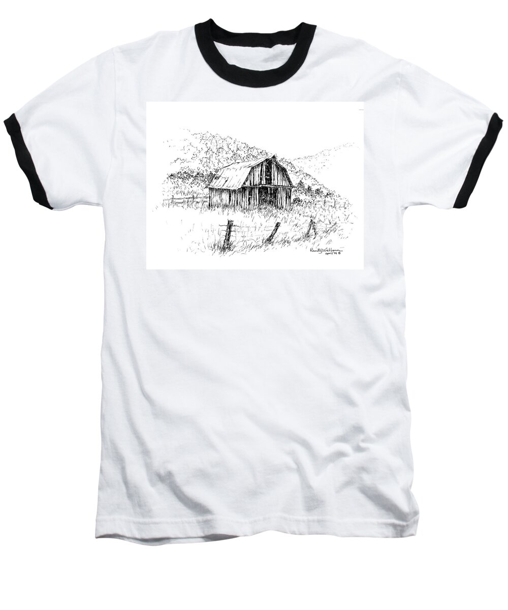 Tennessee Hills Barn Baseball T-Shirt featuring the drawing Tennessee Hills with Barn by Randy Welborn