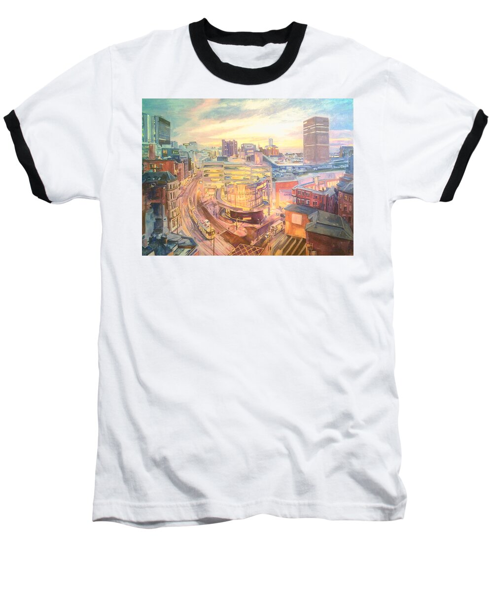 Arndale Carpark Baseball T-Shirt featuring the painting The Arndale Carpark, Manchester by Rosanne Gartner