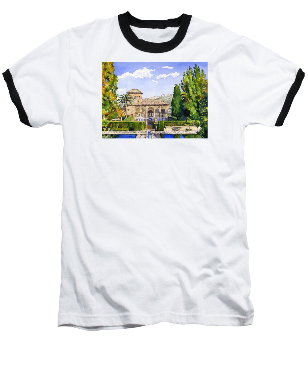 Alhambra Baseball T-Shirt featuring the painting The Gardens of the Partal by Margaret Merry