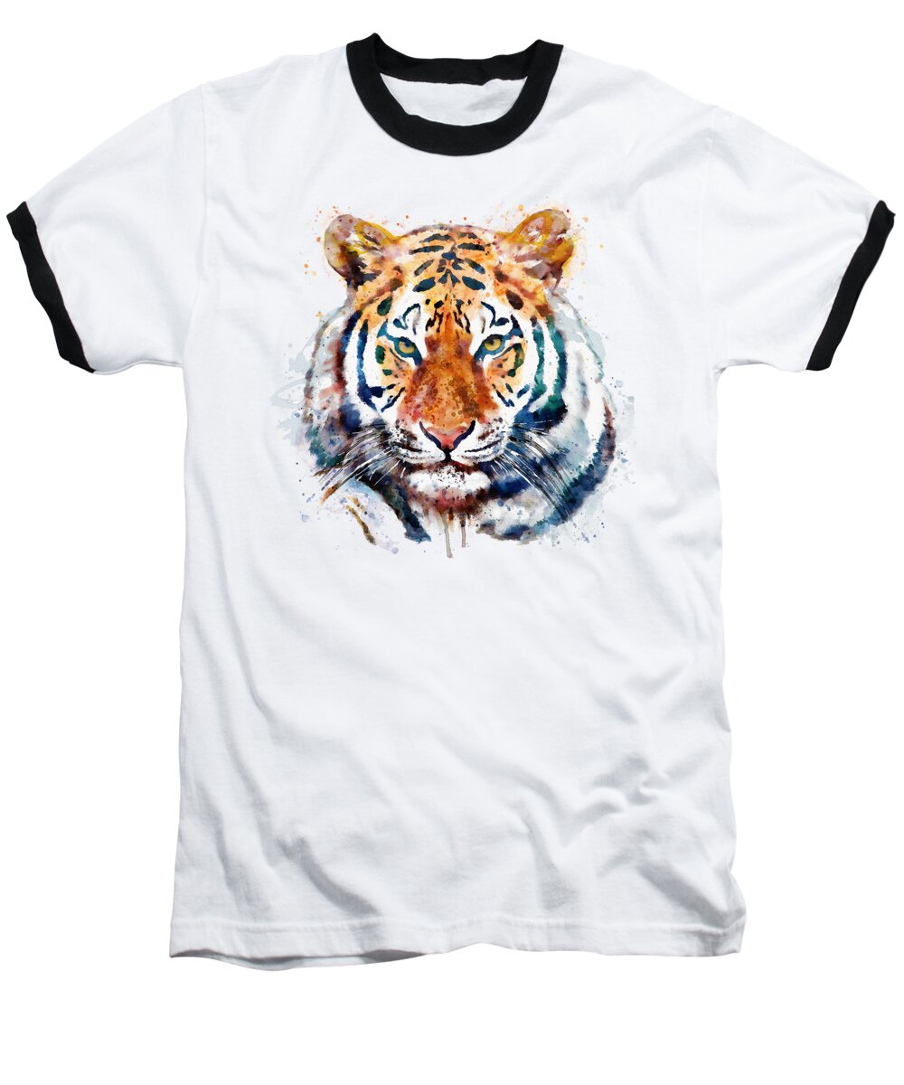 Marian Voicu Baseball T-Shirt featuring the painting Tiger Head watercolor by Marian Voicu