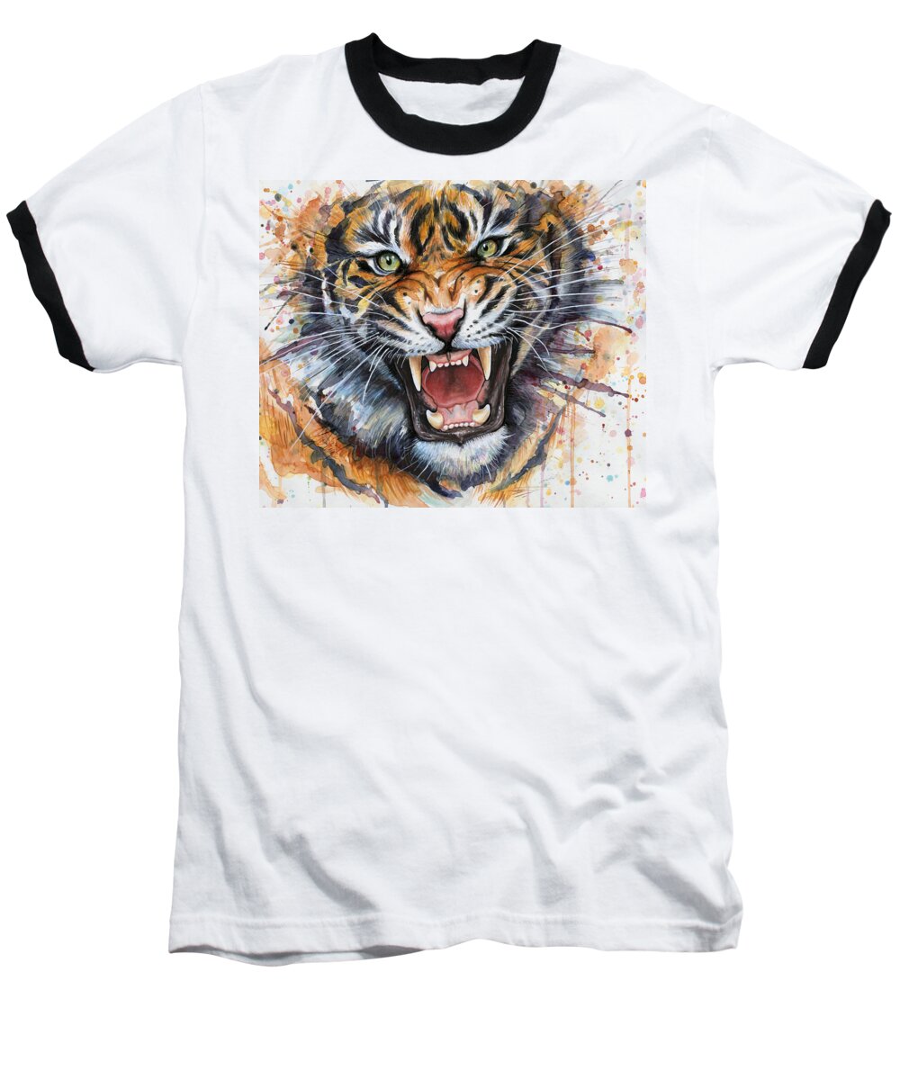 Watercolor Baseball T-Shirt featuring the painting Tiger Watercolor Portrait by Olga Shvartsur