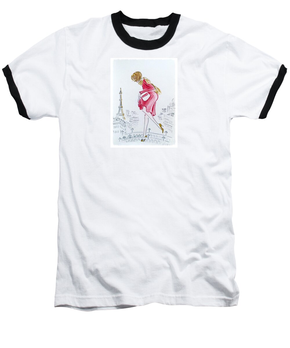 Red Baseball T-Shirt featuring the drawing Tiptoeing through Paris by Barbara Chase