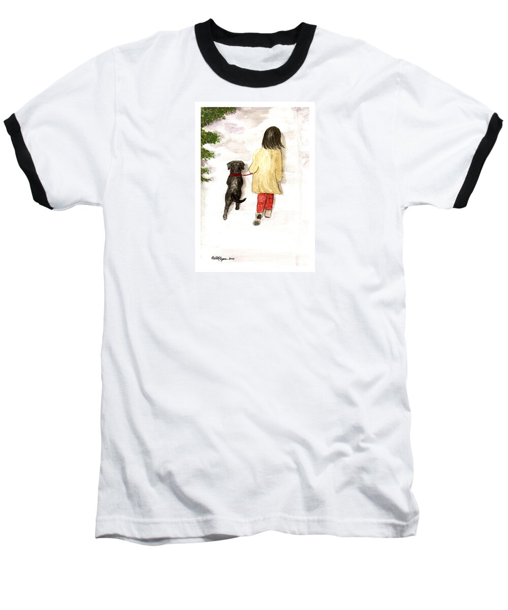 Lab Baseball T-Shirt featuring the painting Together - Black Labrador and Woman Walking by Amy Reges