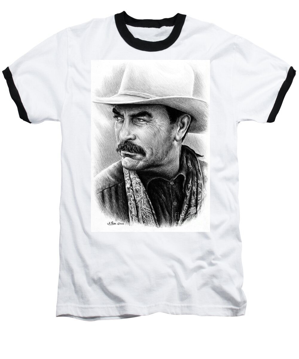 Tom Selleck Baseball T-Shirt featuring the drawing Tom Selleck by Andrew Read