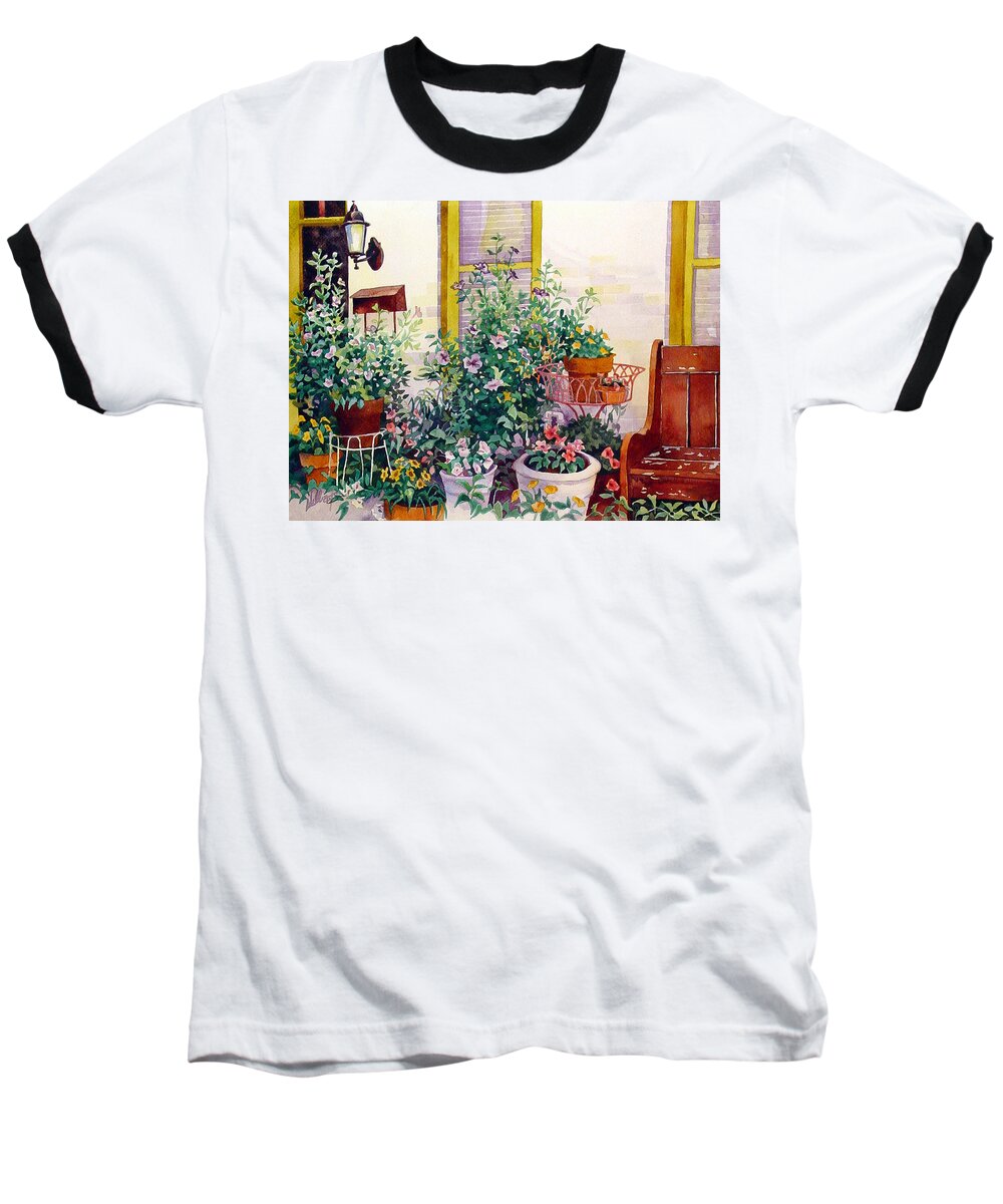 #watercolor #watercolorpainting #landscape #cityscape #frederickmd #artinfrederick #artist #garden #urbangarden Baseball T-Shirt featuring the painting Urban Garden by Mick Williams