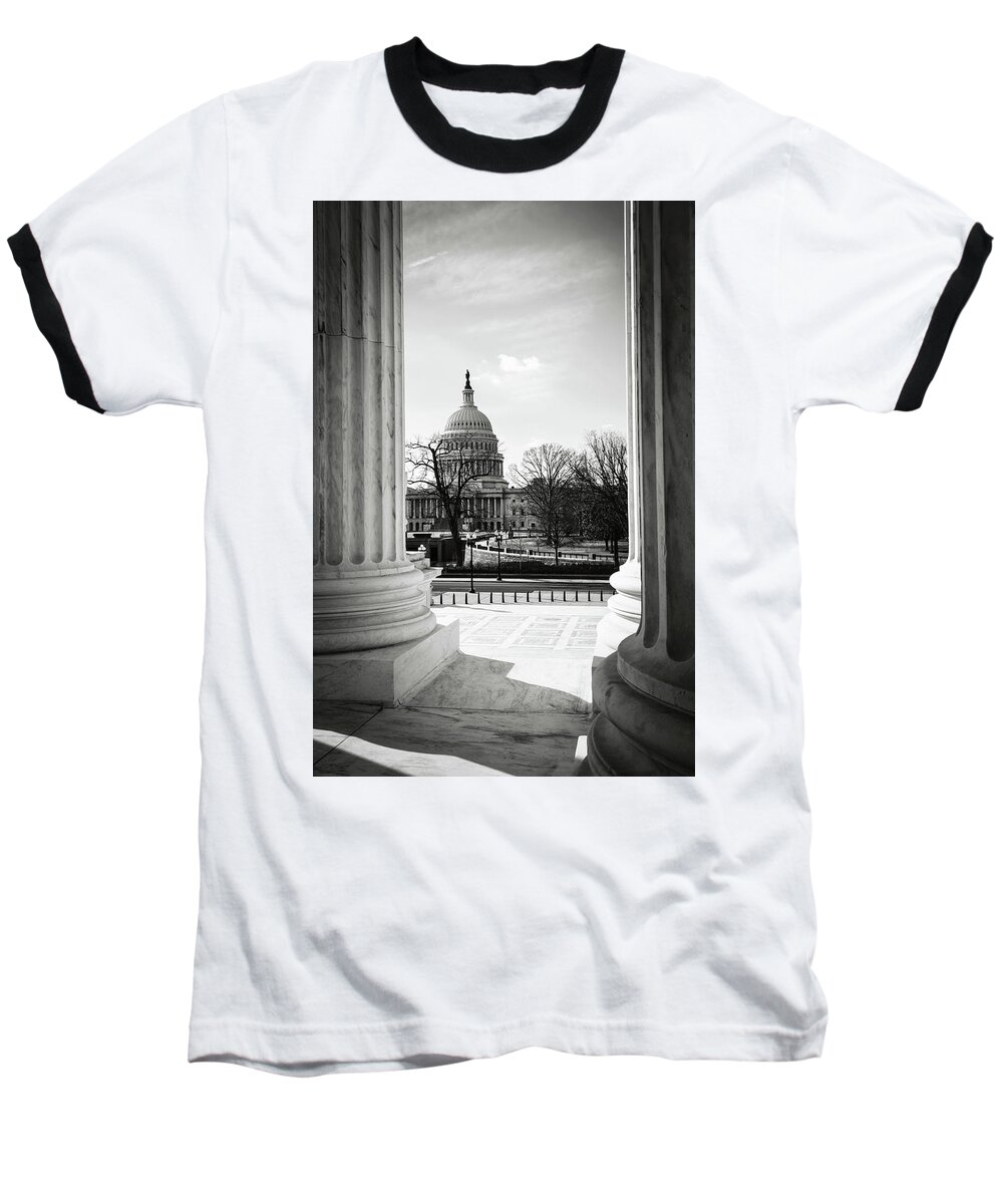 Statue Baseball T-Shirt featuring the photograph View of Capitol Hill through the Supreme Court by Brandon Bourdages