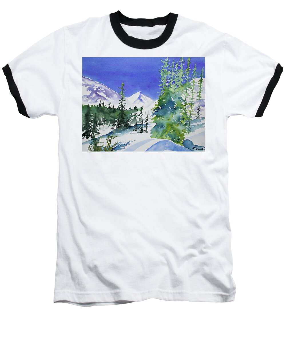 Mountain Baseball T-Shirt featuring the painting Watercolor - Sunny Winter Day in the Mountains by Cascade Colors